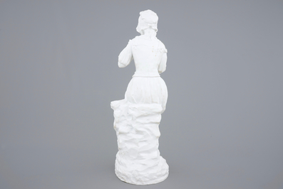 A tall biscuit figure of a country girl, signed G. L&eacute;vy, 19/20th C.
