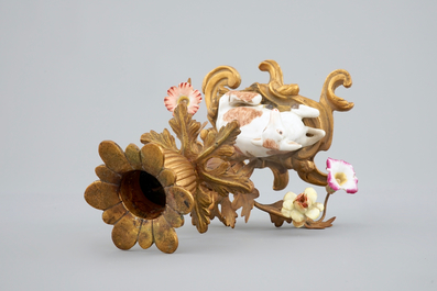 A Meissen porcelain sheep with gilt bronze candelabra mount, 19th C.