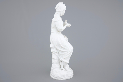 A tall biscuit figure of a country girl, signed G. L&eacute;vy, 19/20th C.