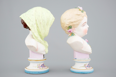 A pair of polychrome allegorical biscuit busts, Vion et Baury, Paris, 19th C.