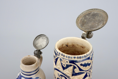 Two Westerwald stoneware pewter-mounted jugs, 17/18th C.