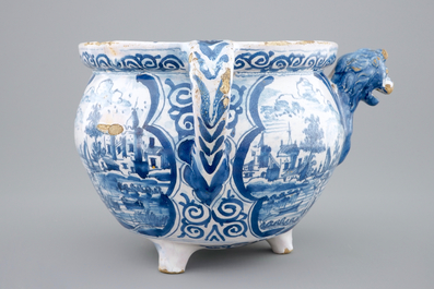 A dated blue and white spouted bowl with landscapes, Harlingen, Friesland, 1708