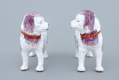 A tall pair of polychrome Dutch Delft St. Bernard dogs, 19th C.