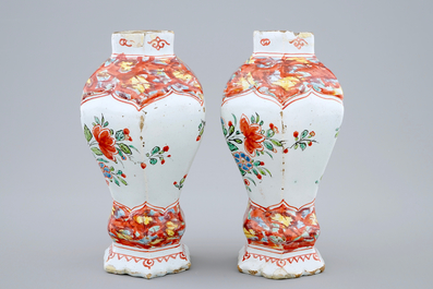 A pair of Dutch Delft petit feu vases, 18th C.