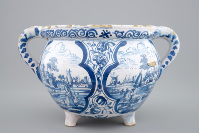 A dated blue and white spouted bowl with landscapes, Harlingen, Friesland, 1708
