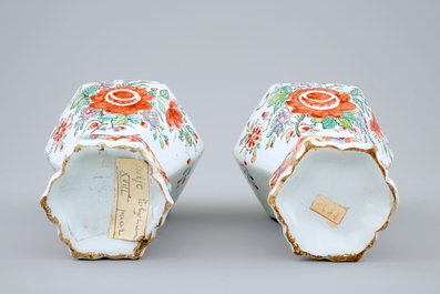 A pair of Dutch Delft petit feu vases, 18th C.