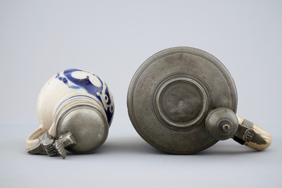 Two Westerwald stoneware pewter-mounted jugs, 17/18th C.