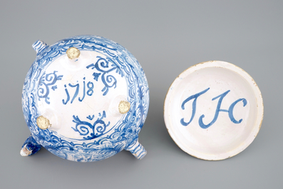 A dated blue and white spouted bowl with biblical scenes, Harlingen, Friesland, 1718