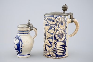 Two Westerwald stoneware pewter-mounted jugs, 17/18th C.