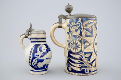 Two Westerwald stoneware pewter-mounted jugs, 17/18th C.