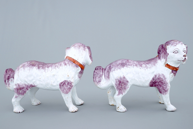A tall pair of polychrome Dutch Delft St. Bernard dogs, 19th C.