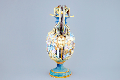 A tall Italian maiolica two-handled vase, 19th C.