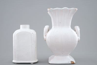 A white Delft tea caddy and a square vase, prob. France, 18th C.