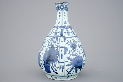 A Dutch Delft blue and white chinoiserie bottle vase, late 17th C.