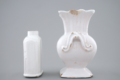 A white Delft tea caddy and a square vase, prob. France, 18th C.