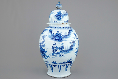 A massive blue and white Delftware chinoiserie jar and cover, Nevers, 17th C.