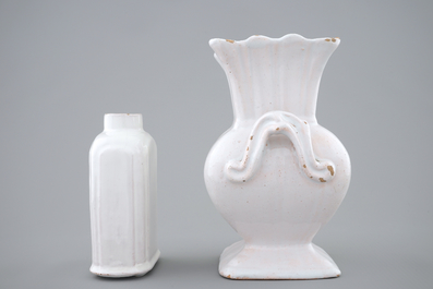 A white Delft tea caddy and a square vase, prob. France, 18th C.