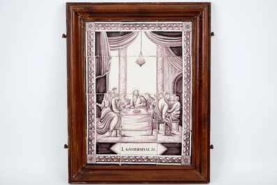 Een triptiek van mangane tegeltableaus met bijbels decor, Utrecht, 19e eeuw