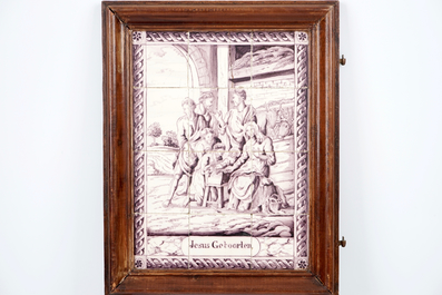 Een triptiek van mangane tegeltableaus met bijbels decor, Utrecht, 19e eeuw