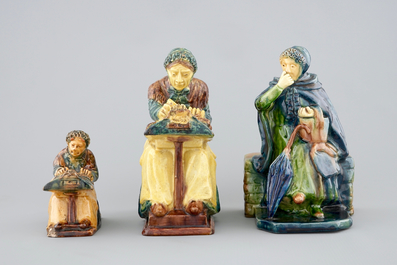 Two Flemish pottery lacemakers and a market lady, 1st half 20th C.