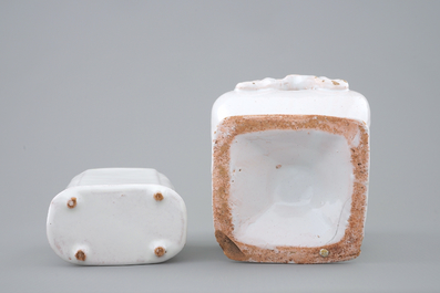 A white Delft tea caddy and a square vase, prob. France, 18th C.