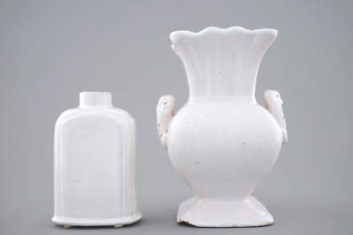 A white Delft tea caddy and a square vase, prob. France, 18th C.