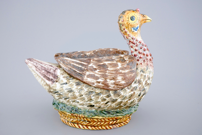 A French faience polychrome duck-shaped tureen and cover, 18/19th C.