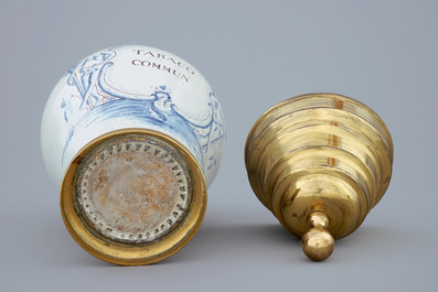 A Delftware tobacco jar with brass lid and mount, Lille, 18th C.