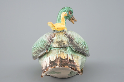 A polychrome duck-shaped tureen and cover, prob. Brussels, 18th C.