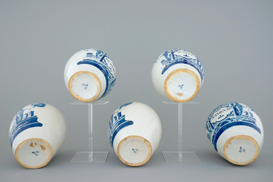 A set of five Dutch Delft tobacco jars with brass lids, 18th C.