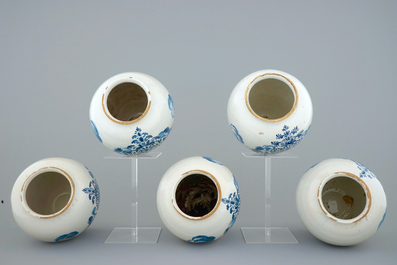 A set of five Dutch Delft tobacco jars with brass lids, 18th C.