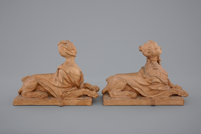 A pair of French terracotta figures of Madame de Pompadour as sphinxes, 19/20th C.