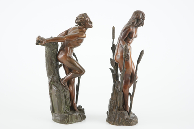 After Alphonse Leon Antoine Germain-Thill (1873 - 1925), A pair of bronze art nouveau figures