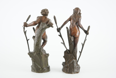 Naar Alphonse Leon Antoine Germain-Thill (1873 - 1925), Een paar Art Nouveau figuren in brons