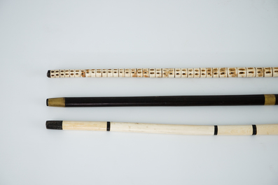 A set of three ivory and bone walkinig canes, 19th C.