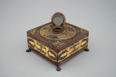 A fine gilt leather inkwell, 19th C.