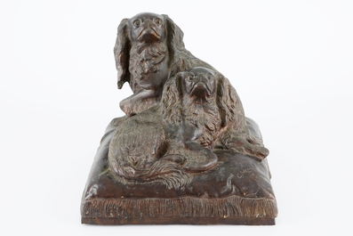 Charles Valton (1851-1918), Deux Cavalier King Charles spaniels, groupe en bronze, 20&egrave;me