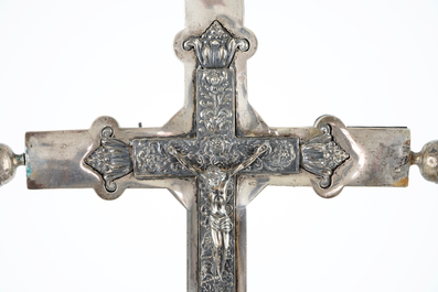 A tall silver and gilt brass reliquary crucifix, 18/19th C.