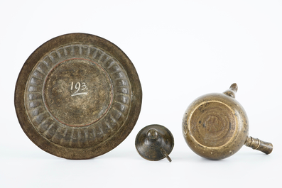 An islamic brass basin and a bronze water pot, Northern Africa, 17/19th C.