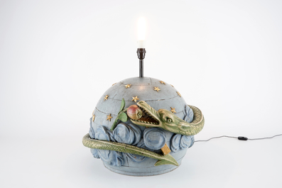 A French wood carving of a globe with snake and apple, 18th C., turned into lamp