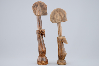 Two African carved wood figures of fertility dolls, Mossi, Congo, mid 20th C.