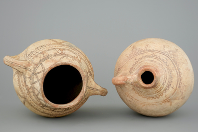 Two decorated pottery jugs, Northern Africa, 19/20th C.