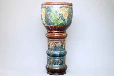 An art nouveau jardiniere on stand, Flemish pottery, early 20th C.