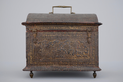 A Flemish gilt-tooled leather casket with hunting scenes, 17th C.