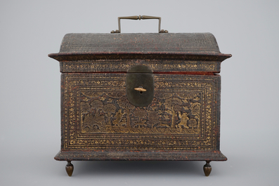 Een met verguld leder bekleed kistje met jachtsc&egrave;nes, Vlaams, 17e eeuw