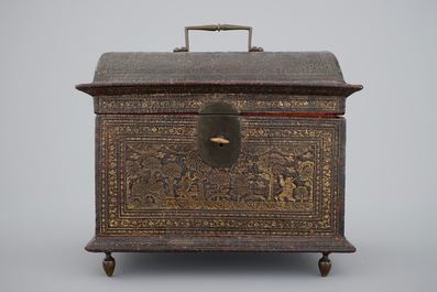 A Flemish gilt-tooled leather casket with hunting scenes, 17th C.