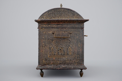 A Flemish gilt-tooled leather casket with hunting scenes, 17th C.