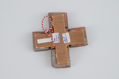 A set of 5 medieval tiles on a cross shaped mount, 13/14th C., Baptismal Chapel Wenduine