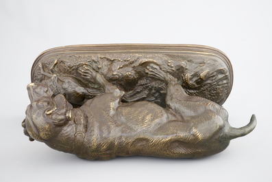 A bronze group of a hunting dog with a hare as prey, 20th C.