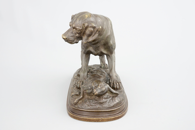 A bronze group of a hunting dog with a hare as prey, 20th C.